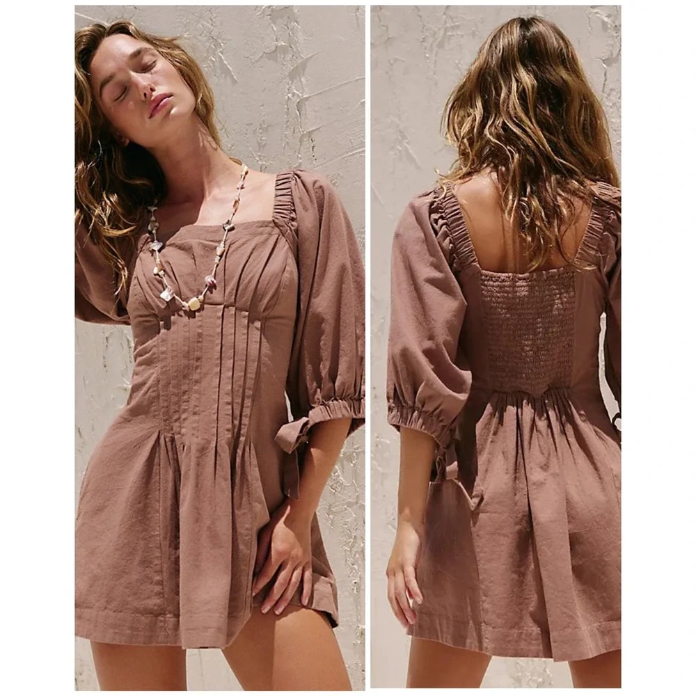 Free People Cerise Mini Dress Women M Brown Boho Puff Sleeve Square Neck Cotton